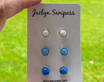 Opal Stud Earrings, 6mm, Set of 3 Colors, White, Light Blue, Dark Blue
