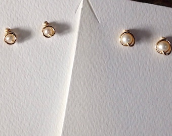 White Fresh Water Pearl Stud Earrings, Gold Wire Posts, Small Dainty Earrings for Pierced Ears, Simple Studs