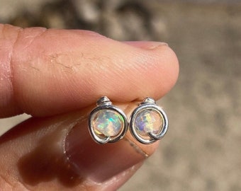 Opal Stud Earrings, Natural Opal Jewelry, Fire Opal Earrings, Ethiopian Rainbow Opal