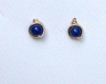 Blue Lapis Studs, Gemstone Studs, Blue Stud Earrings, 14k Gold Filled Post Earrings, Wire Work Studs