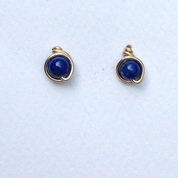 Blue Lapis Studs, Gemstone Studs, Blue Stud Earrings, 14k Gold Filled Post Earrings, Wire Work Studs