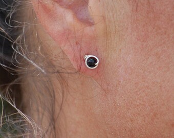 Black Onyx Gemstone Stud Earrings, 4mm Black Studs, Argentium Silver Jewelry, Small Earrings, Handmade in Maine