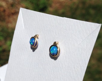 Dark Blue Opal Stud Earrings, Gold Filled, Wire Post Studs