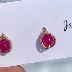 Handmade Red Ruby Stud Earrings: Argentium Silver Wire Wrap