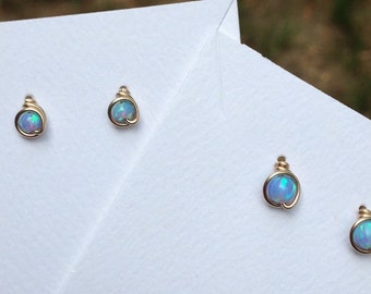 Light Blue Opal Stud Earrings, High Quality Gold Filled Wire Wrap Studs, Small Post Earrings for Pierced Ears