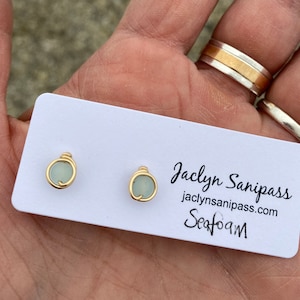 Seafoam Sea Glass Studs: Gold Filled Wire Earrings, Handmade in Maine