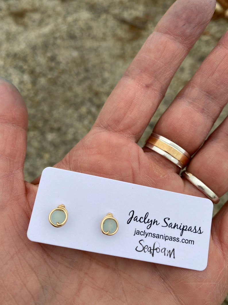 Seafoam Sea Glass Studs, Sea Glass Stud Earrings, Cultured Sea Glass Jewelry, Light Pale Green Stud Earrings, Handmade in Maine image 10