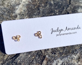 Gold Clovers Stud Earrings, 14k Gold Filled Post Earrings, Gold Wire Studs