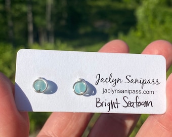 Bright Seafoam Blue Green Cultured Sea Glass Studs, Summer Jewelry, Sea Glass Jewelry, Small Stud Earrings