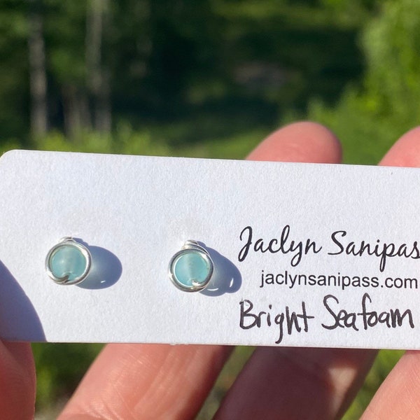 Bright Seafoam Blue Green Cultured Sea Glass Studs, Summer Jewelry, Sea Glass Jewelry, Small Stud Earrings