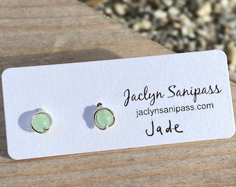 Jade Stud Earrings, Light Green Earrings, Argentium Silver Wire Work Studs, Jade Post Earrings