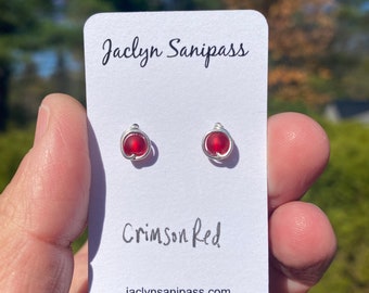 Red Cultured Sea Glass Earrings, Crimson Red Stud Earrings, Christmas Earrings, Argentium Silver Posts, hypoallergenic