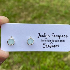 Seafoam Sea Glass Stud Earrings: Argentium Silver Wire Wrapped, Minimilist, Gift