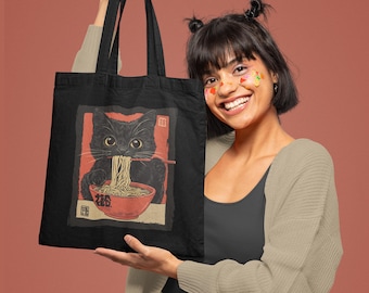 Ramen Cat Organic Cotton Tote Bag Noodle Bowl Eco-Friendly Tote Black Cat Lover Gift Kawaii Noodle Cat Bag Japanese Art Foodie Ramen Lover