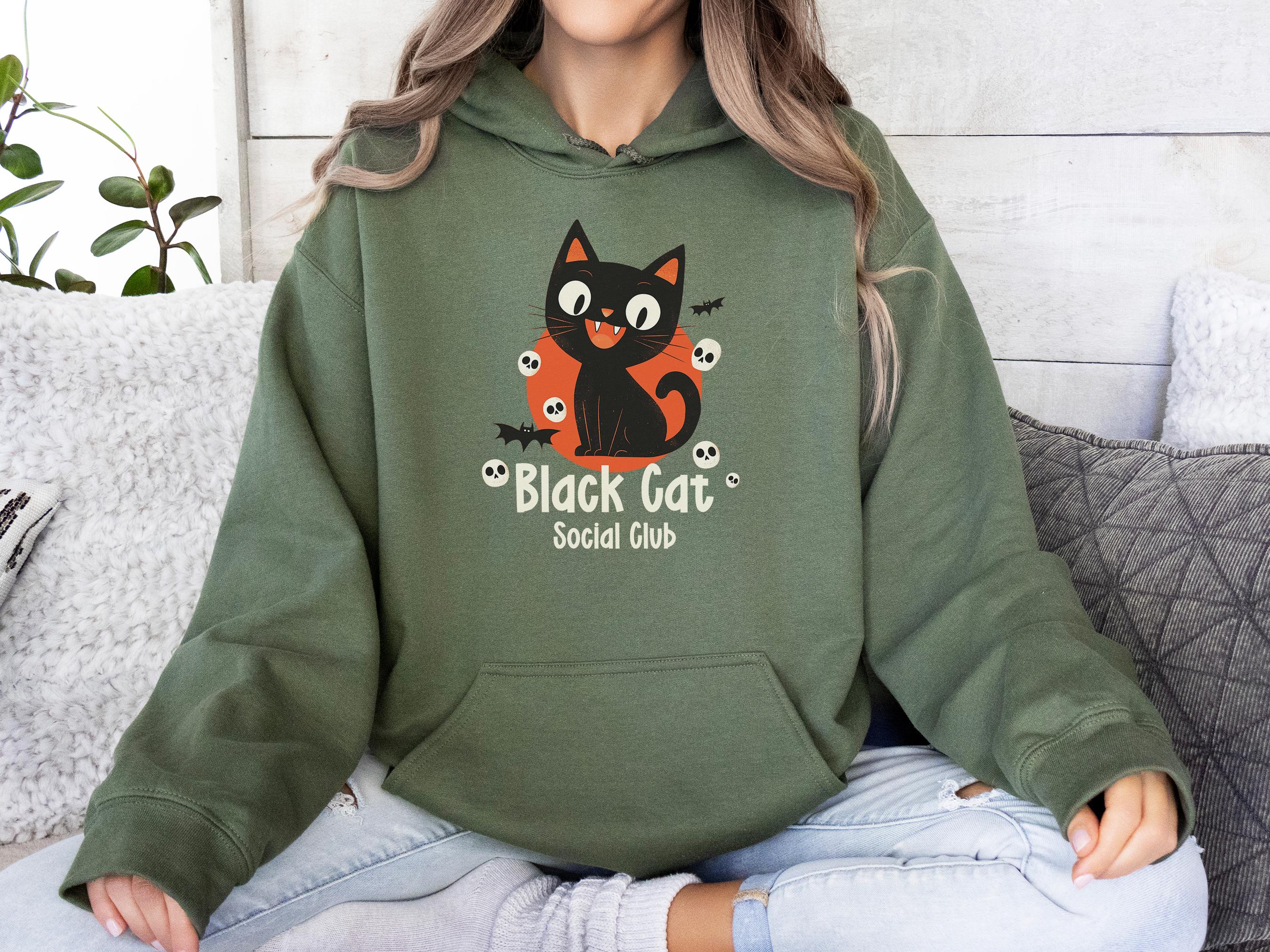 Black Cat Social Club Hoodie Cute Black Cat Sweatshirt Halloween Hoodie Cat Lover Gift Cozy Fall Hoodie Spooky Season Witchy Vibes Cat Mom