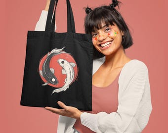 Vintage Koi Fish Organic Cotton Tote Bag Yin Yang Eco-Friendly Tote Japanese Art Nature Lover Zen Gift Fish Lover Grocery Tote Reusable Bag