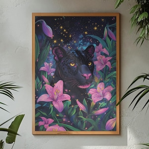 Black Panther Print Puma Wall Art Bold Animal Portrait Tropical Decor Panther Poster Celestial Floral Art Maximalist Wall Art Panther Art