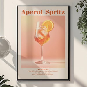Przepis na Aperol Spritz Wydruk artystyczny Plakat Aperol Spritz Prezent urodzinowy Wystrój baru Wystrój kuchni Wystrój baru Vintage Wydruk koktajlowy Sztuka ścienna w stylu retro