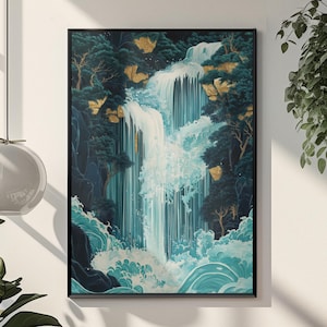 Impression d&#39;art cascade d&#39;Hokusai : affiche de paysage ukiyo-e japonais