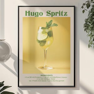 Hugo Spritz poster cocktail recept kunst barman cadeau Hugo print bar winkelwagen decor prosecco muur kunst retro minimalistische keuken handtekening drankje