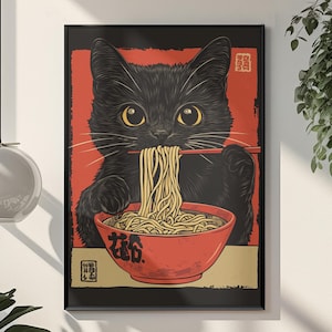 Black Cat Eating Ramen Poster Japanese Cat Art Print Noodle Lover Gift Vintage Japanese Wall Art Kitchen Decor Food Art Print Cat Mom Gift