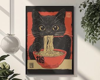 Black Cat Eating Ramen Poster Japanese Cat Art Print Noodle Lover Gift Vintage Japanese Wall Art Kitchen Decor Food Art Print Cat Mom Gift