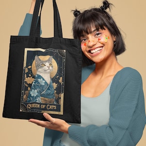 Sac fourre-tout Reine des chats en coton bio cadeau pour amoureux des chats Cabas réutilisable pour les amoureux des animaux de compagnie kimono chat maman cadeau lune céleste Art esthétique japonais