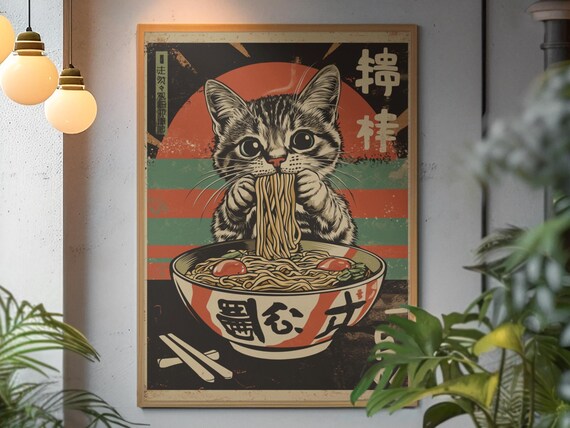 Ramen Cat Art Print: Vintage Japanese Noodle Poster