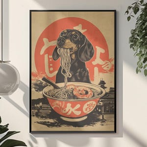 Poster Ramen Dog Stampa Vintage Bassotto Regalo per Amante dei Cani Arte per Animali Domestici Stravagante Arte da Parete con Cane Kawaii Arte con Cibo Giapponese Stampa con Mamma Bassotto Cane Giapponese