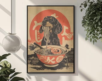 Ramen Dog Poster Vintage Dachshund Print Dog Lover Gift Quirky Pet Art Kawaii Dog Wall Art Japan Food Art Print Dachshund Mom Japanese Dog