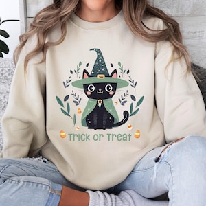 Süßes oder Saures Halloween Katze Sweatshirt Katzenliebhaber Geschenk Hexe Hut Gruselige Saison Happy Halloween schwarze Katze Sweatshirt Halloween Herbst Pullover