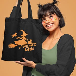 Girls Will Be Girls オーガニックコットントートバッグ 魔女のギフトアイデア キャンディバスケット 猫好きへのギフト 環境に優しいバッグ 黒猫トート かわいいハロウィンバッグ