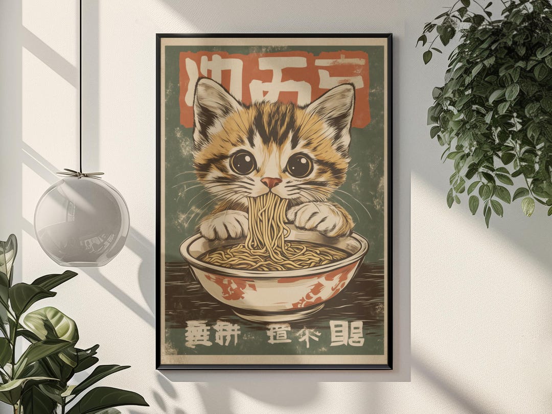 Ramen Cat Poster Japanese Cat Art Print Vintage Japanese Wall Art Ramen ...