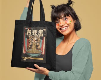 Ramen Cat Organic Cotton Tote Bag Orange Cat Eco-Friendly Tote Cat Lover Gift Kawaii Noodle Cat Bag Japanese Art Tokyo Foodie Ramen Lover