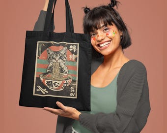 Ramen Cat Organic Cotton Tote Bag Japanese Aesthetic Eco-Friendly Tote Cat Lover Gift Kawaii Noodle Cat Bag Japanese Art Foodie Ramen Lover