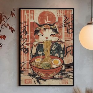 Cat Eating Ramen Poster Quirky Cat Wall Art Vintage Japanese Print Unique Kitchen Decor Noodle Lover Ramen Bowl Cat Home Decor Cat Poster