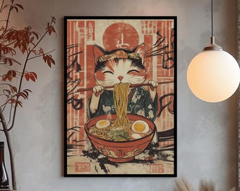 Cat Eating Ramen Poster Quirky Cat Wall Art Vintage Japanese Print Unique Kitchen Decor Noodle Lover Ramen Bowl Cat Home Decor Cat Poster