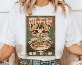 Camiseta de gato ramen: arte japonés, diseño de fideos kawaii