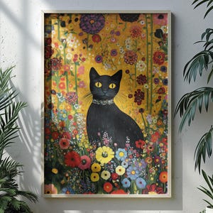グスタフ・クリムト ガーデン キャット プリント 黒猫アート 面白い猫のポスター 花柄 壁飾り ヴィンテージスタイル アートワーク 猫好きへのギフト ギャラリー 壁アート