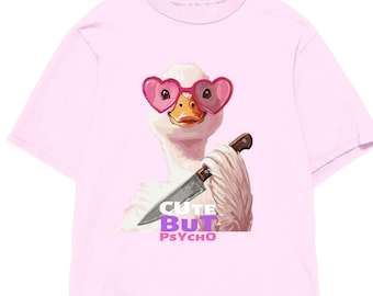 Oversized Duck Graphic Tee, Heart Sunglasses, Knife Detail, Weird Humor Shirt