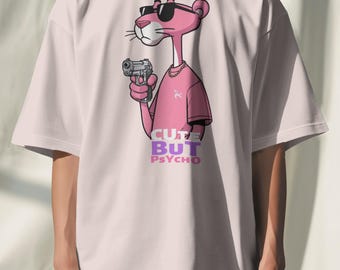 Pink Cartoon Cat Graphic Tee, Oversized Streetwear T-Shirt
