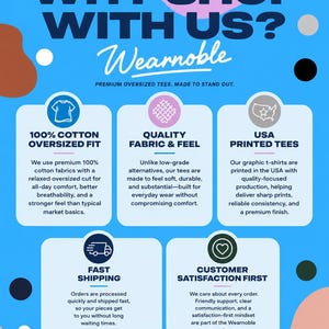 Puede incluir: Gr&aacute;fico promocional de Wearnoble sobre fondo azul. Destaca la calidad: 100% algod&oacute;n, corte oversized, tejido de calidad, camisetas estampadas en EE. UU., env&iacute;o r&aacute;pido y satisfacci&oacute;n del cliente. Texto conciso.