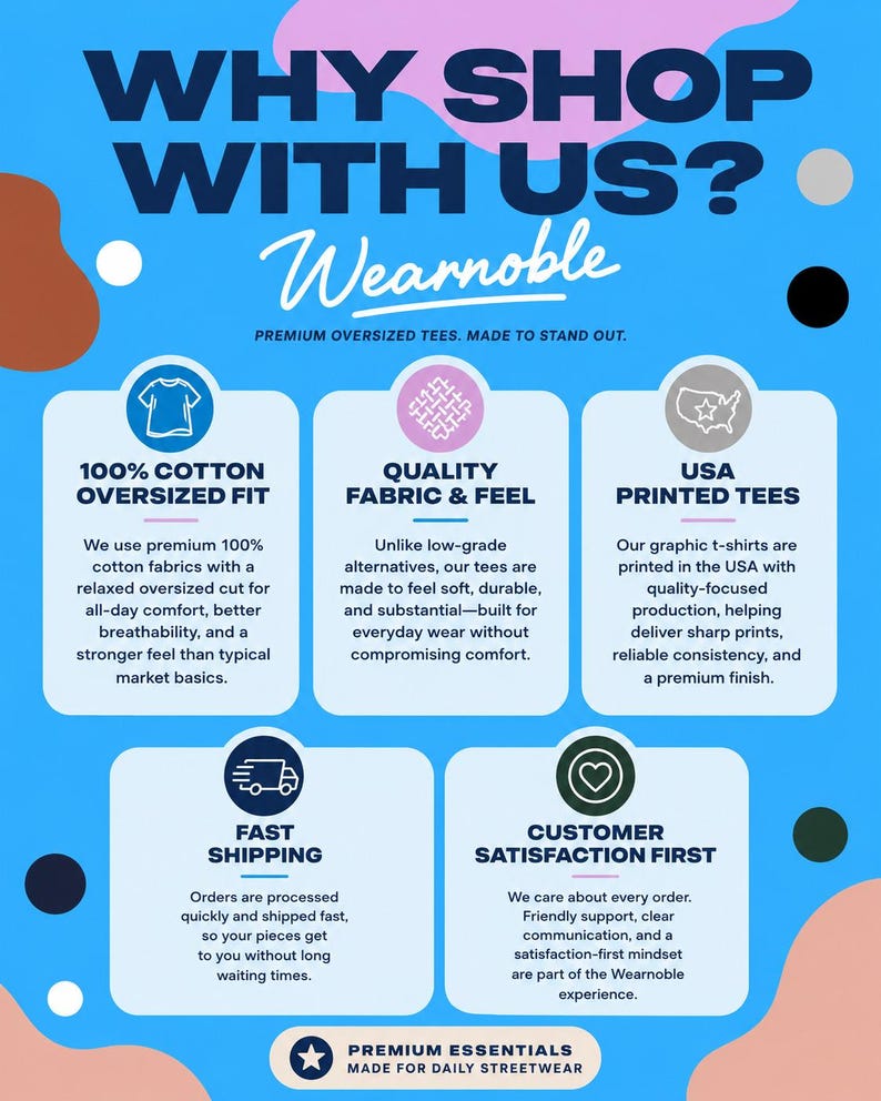 Puede incluir: Gr&aacute;fico promocional de Wearnoble sobre fondo azul. Destaca la calidad: 100% algod&oacute;n, corte oversized, tejido de calidad, camisetas estampadas en EE. UU., env&iacute;o r&aacute;pido y satisfacci&oacute;n del cliente. Texto conciso.