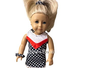 Complete 7-piece Red, White, and Blue Cheer outfit for any 18- Inch Doll.