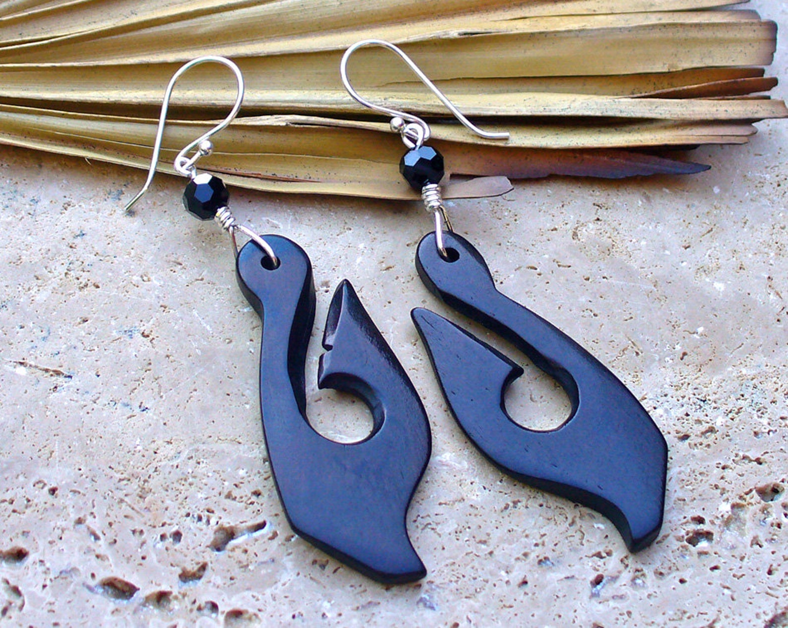 Beautiful Black Bone Fish Hook Earrings Unique Tribal Etsy