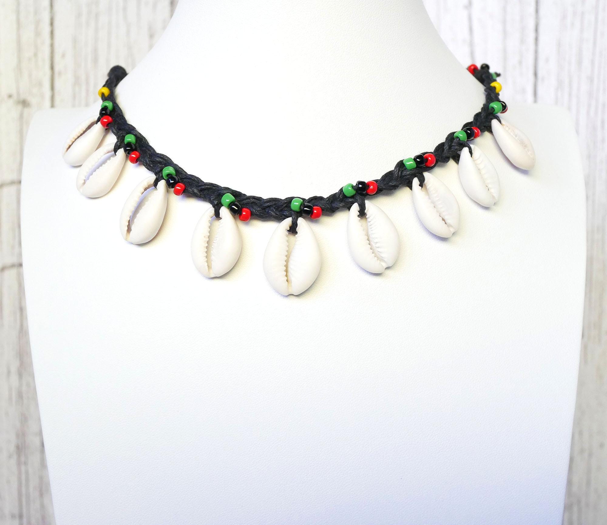 Matte Nigerian Cowrie Shell Necklace with Red Green Black Yellow Glass Donut Beads