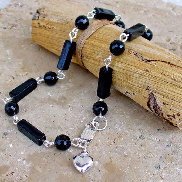 Hand Wired Beaded Black Onyx and Heart Charm Anklet