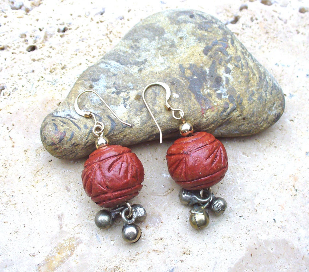 Short Carved Wooden Earrings With Brass Dangles Etsy