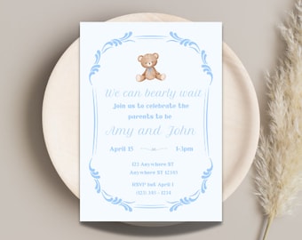 We can Bearly Wait Invitation, Bear Baby Shower, Barely Wait Shower, Teddy bear baby shower Invite, boy bear baby shower Invite