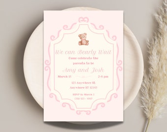 We Can Bearly Wait Invitation, Bear Baby Shower, Barely wait shower, Baby shower, Pregnancy Party, Shower Invite, Bear shower Invite